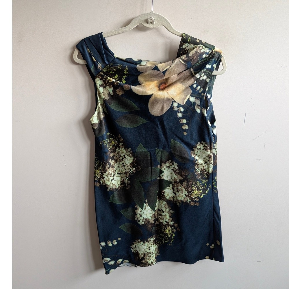 Vera Wang Navy Blue Floral Wool Silk Blend Draped Cowl Neck Sleeveless‎ Dress Sm